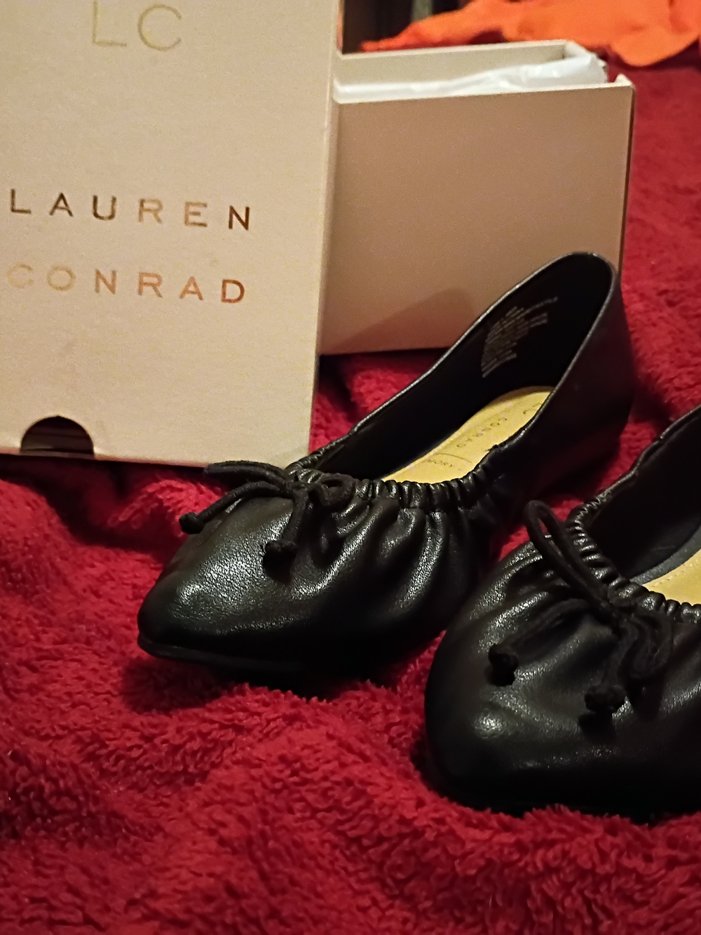 LC Lauren Conrad Black Bow-Trim Leather Ballet Flats